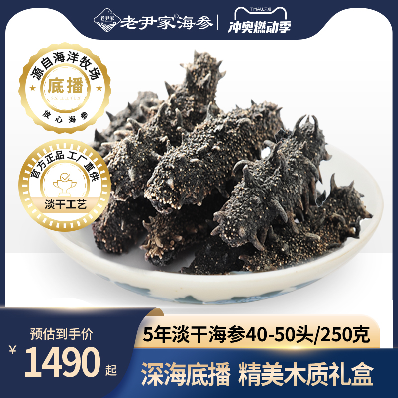 老尹家5年淡干海参深海底播刺参海参干货礼盒装250g40-50头