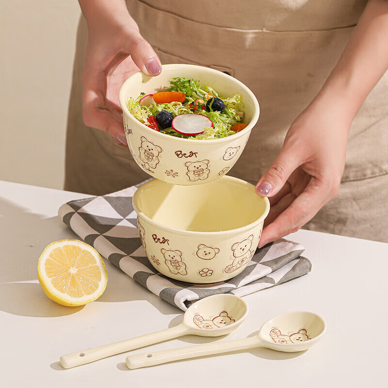 唯铭诺陶瓷碗碟可爱卡通吃饭碗甜品碗家用加厚防烫勺子憨憨熊系列2碗2勺