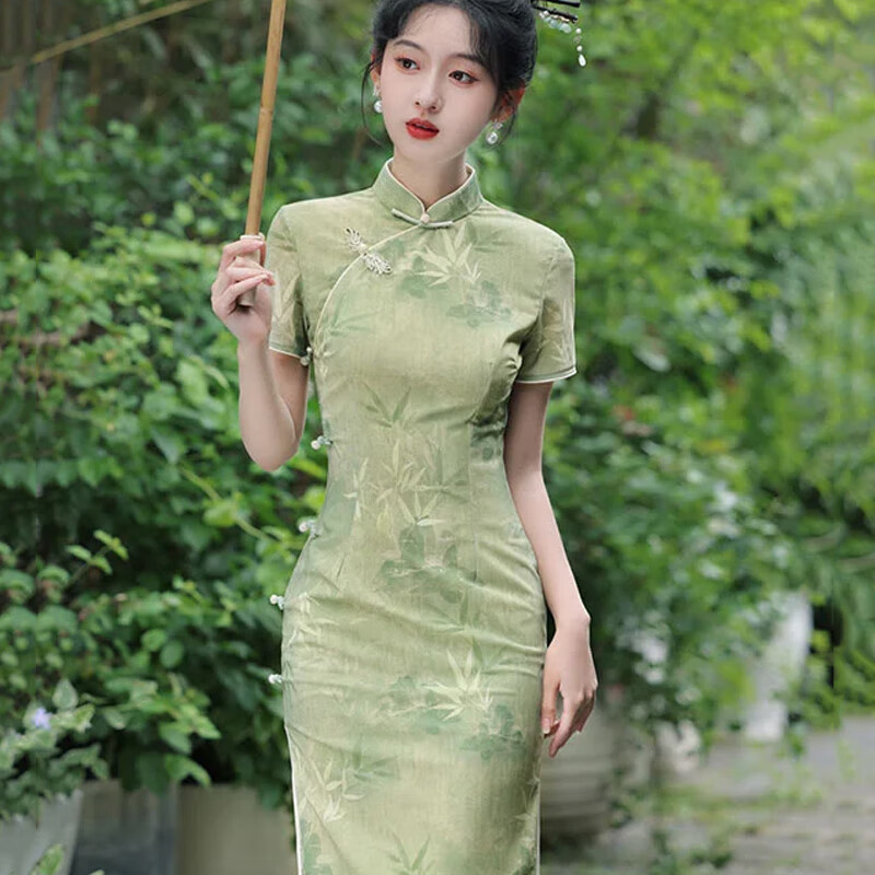 杜艳枝2024夏季 网纱印花长款侧八扣旗袍绿色竹叶节节高升高考旗袍 绿（ 胸有成竹） M 90-100斤(160身高标准)