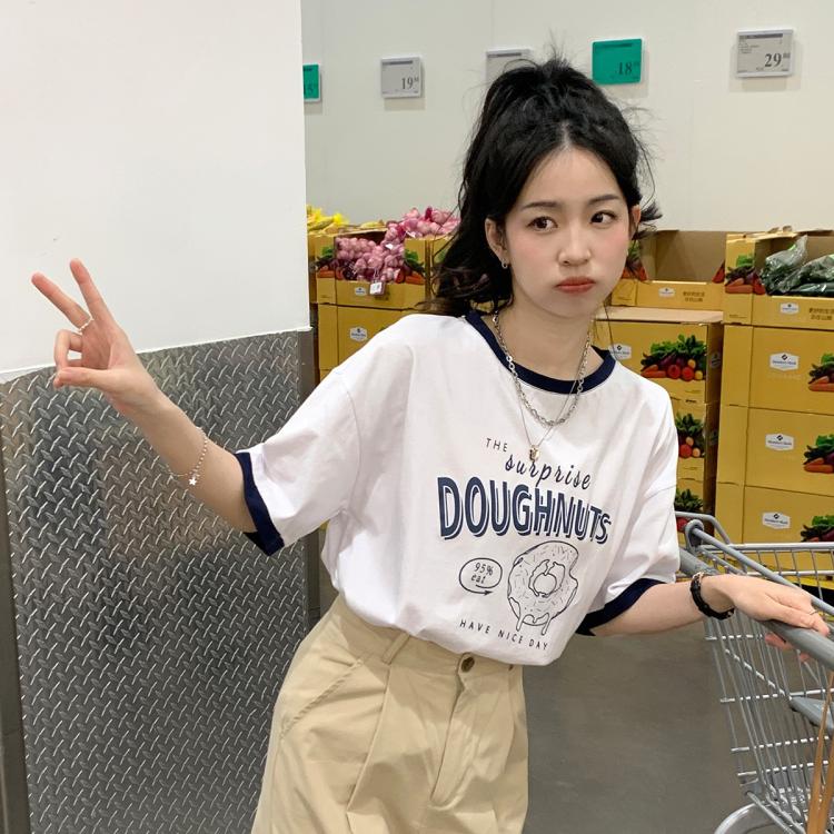 唐狮 TONLION短袖T恤女2024夏季圆领前胸线条图案撞边设计上衣学院风