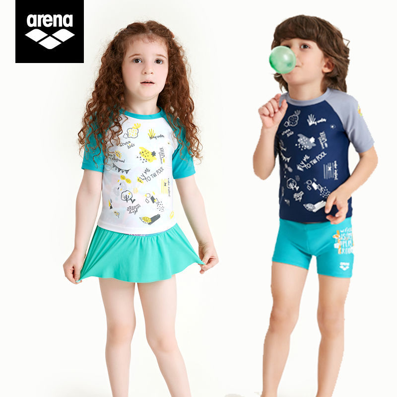 arena阿瑞娜儿童男女童短袖分体泳衣可爱印花儿童防晒服上衣T恤