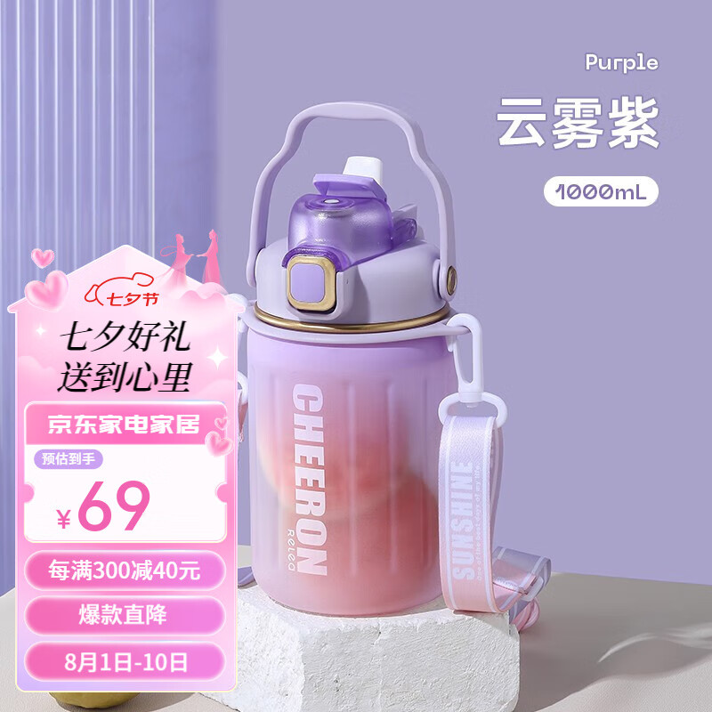 物生物（RELEA）tritan双饮大肚杯子女桶吸管水杯大容量儿童运动水壶 tritan【柔雾紫1000ml】