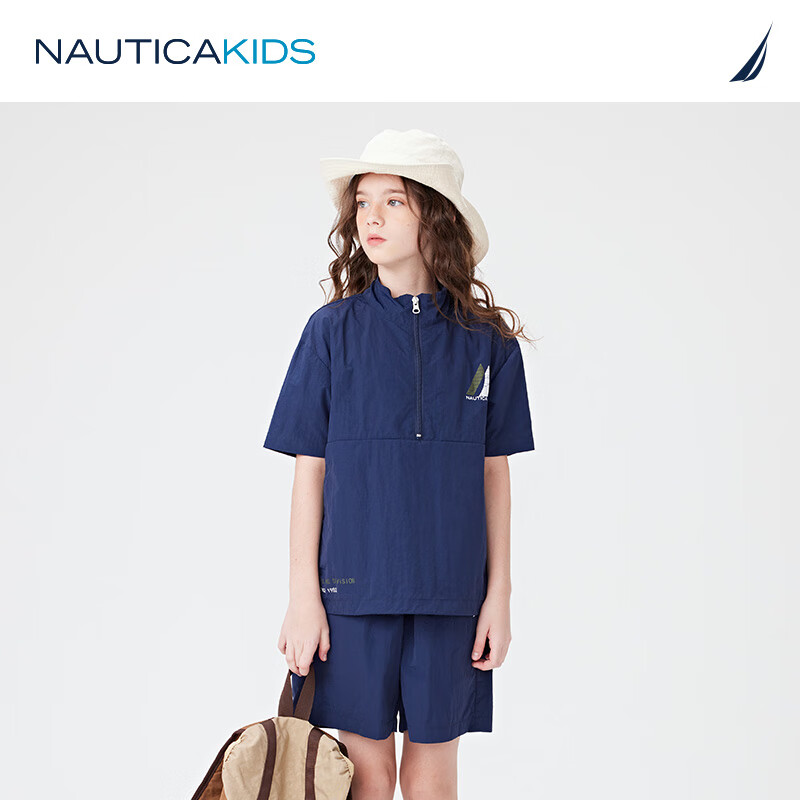 诺帝卡 NAUTICA童装【2024夏季】 男童女童套装儿童户外露营短袖短裤组合 藏青 110cm