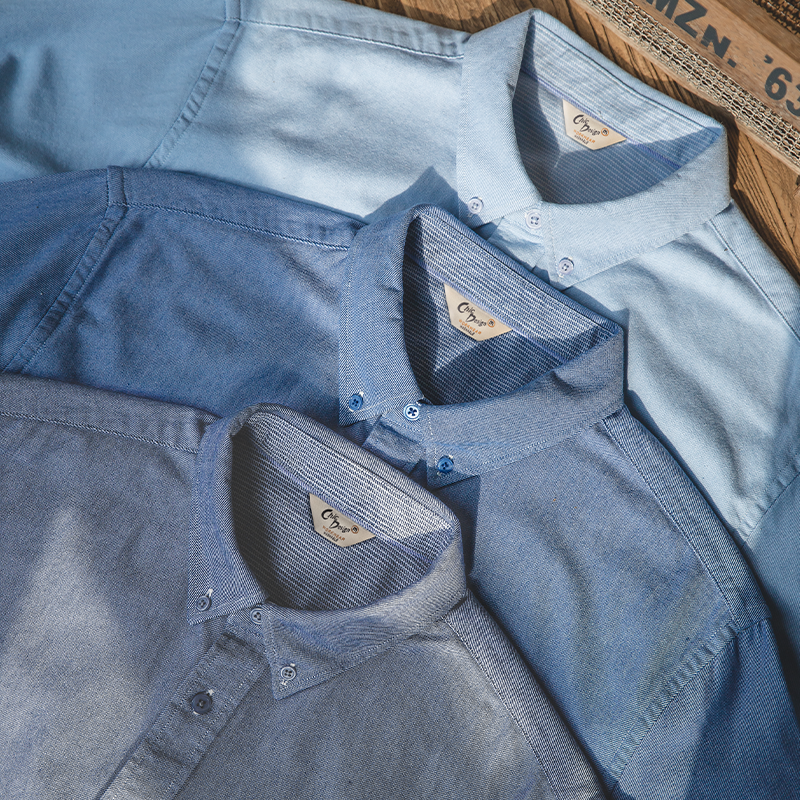 马登工装 日系复古牛津纺衬衫阿美咔叽基础纯色长袖修身衬衣男秋