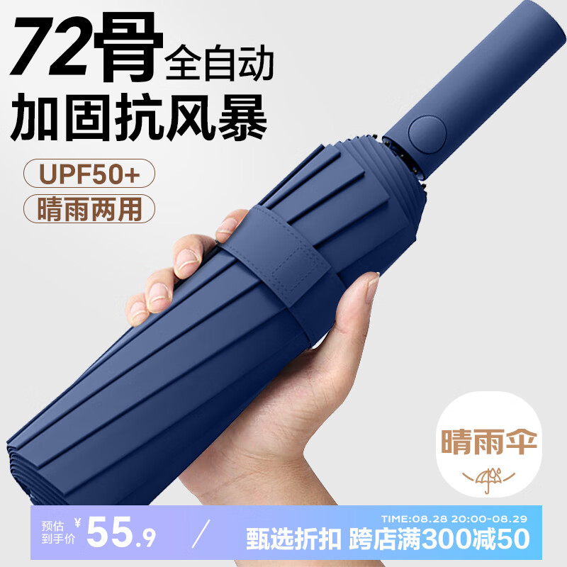 冇力 全自动晴雨伞 男女遮阳伞太阳伞加固抗风折叠伞大号雨伞 72骨青 72骨-加大加固-藏青