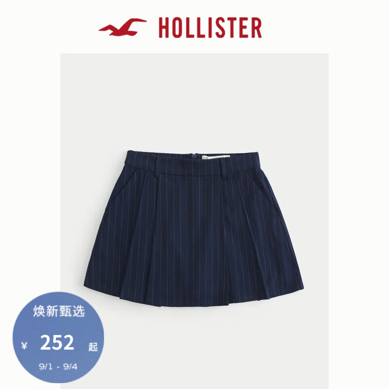 HOLLISTER24秋季新款辣妹条纹高腰打褶短款半身裙 女 KI343-4116 海军蓝条纹