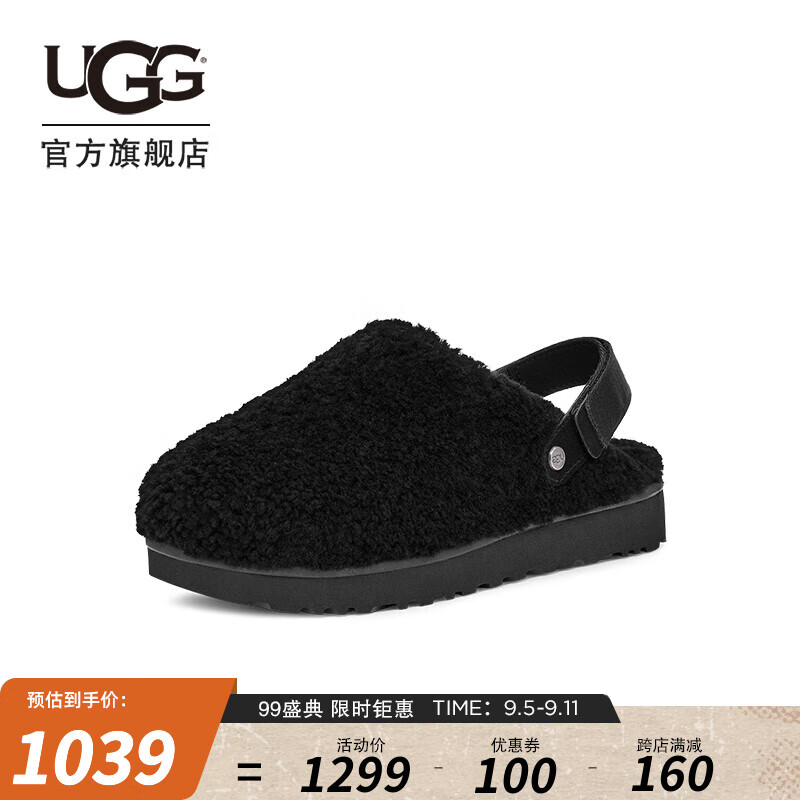 UGG秋季女士时尚舒适纯色平底魔术贴卷毛休闲茸茸便鞋1167311 BLK | 黑色 36