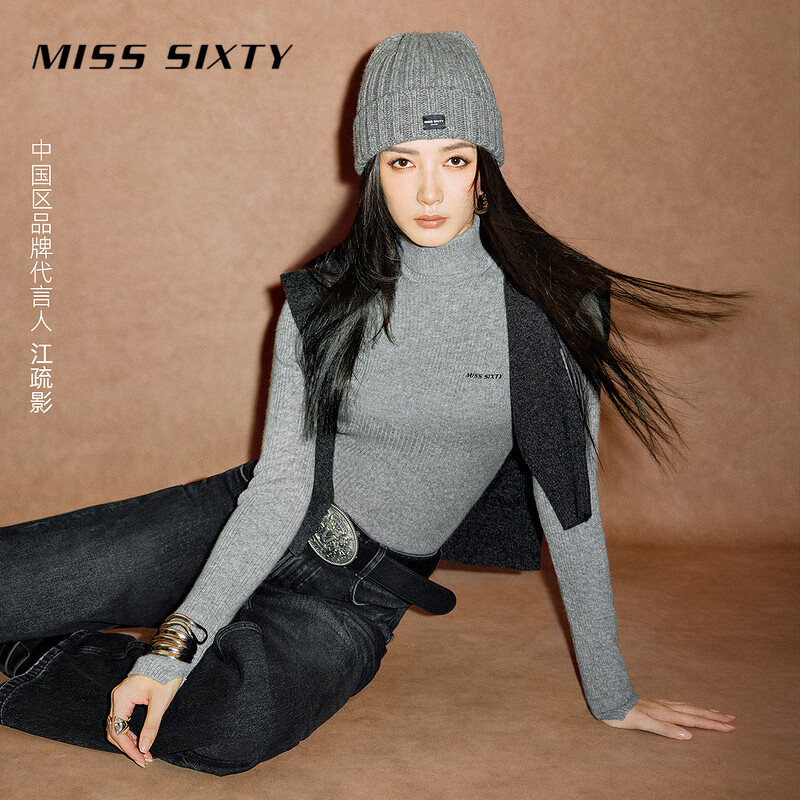 MISS SIXTY【江疏影同款】2024秋季新款针织衫女高领开衩绵羊毛衣