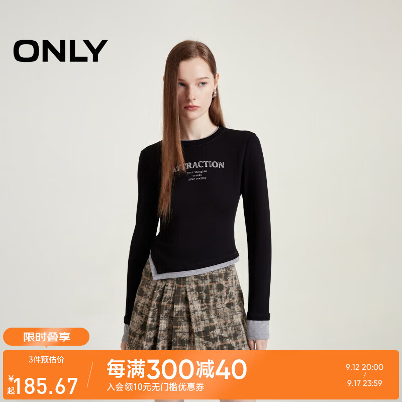 ONLY2024秋季时尚修身假两件打底衫正肩字母T恤女|124302012 H1Z 黑色 155/76A/XS