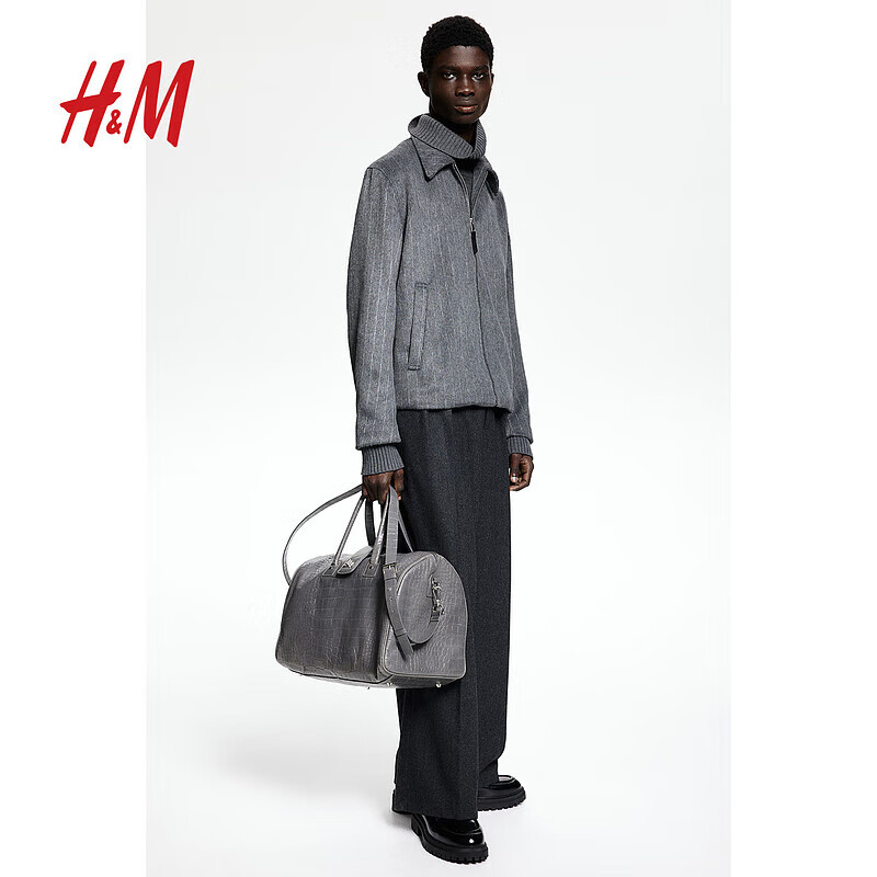 H&M【A/W2024】男装夹克2024秋季时尚翻领长袖外套1234628 深灰色/细条纹 165/84