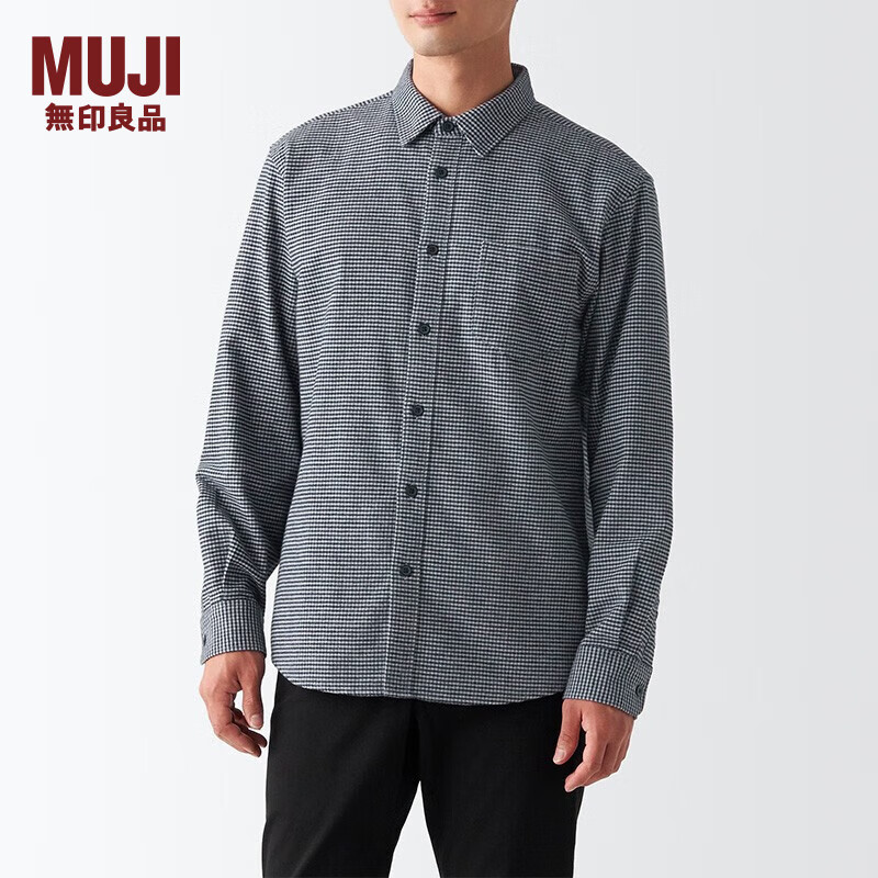 无印良品 MUJI 男式 法兰绒 衬衫 长袖休闲白衬衫 格子 纯棉全棉ACA80C2A 浅灰色格纹 XL