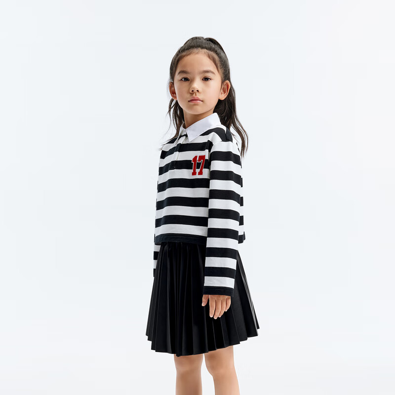 little MO&Co.little moco童装24秋装女童polo领纯棉条纹长袖T恤KBD3TEET08 黑白条色 150/72