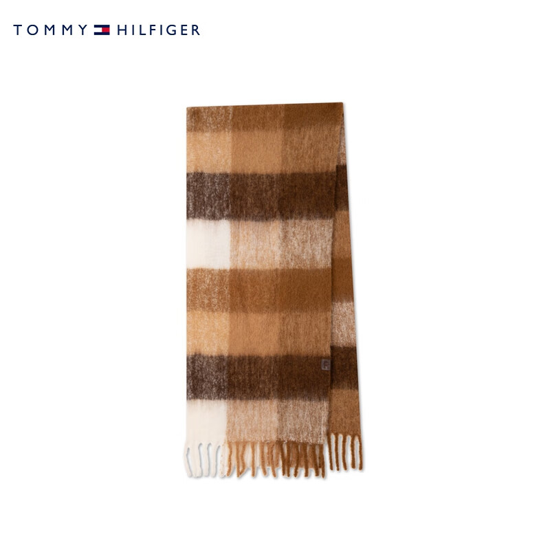 TOMMY HILFIGER24秋冬女装羊毛混纺复古休闲毛绒格纹流苏围巾16996 咖啡白格纹0F5 OS