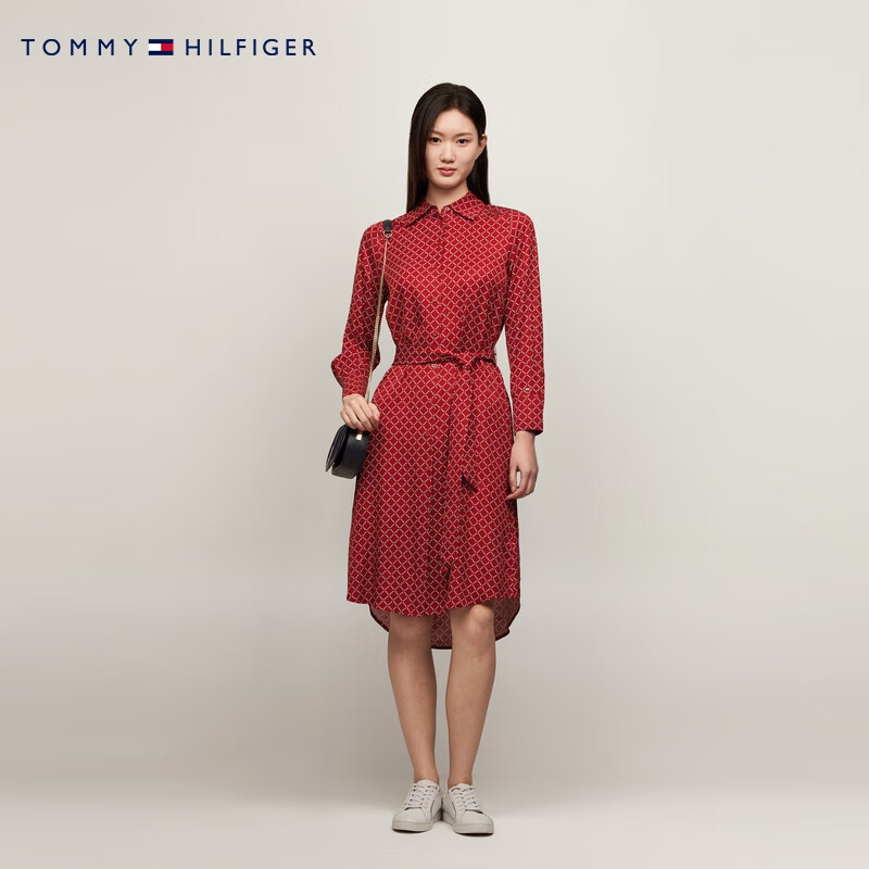 TOMMY HILFIGER24秋冬女气质通勤满印系带显瘦宽松衬衫裙连衣裙44283 红色格纹0KP 32