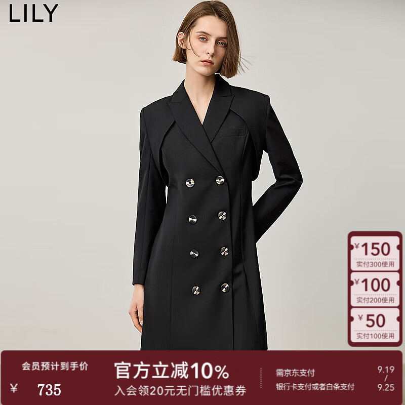 LILY2024秋女装优雅OL商务仪式感戗驳领双排扣风衣式连衣裙女 510黑 L