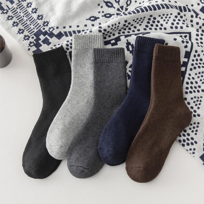 宝娜斯毛巾袜子男中筒袜冬季加厚保暖抗寒超厚毛圈袜超厚雪地袜长筒袜 彩纱混色 男款5双 均码