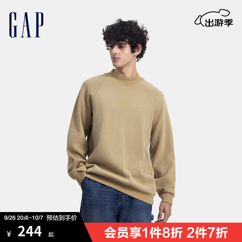 Gap男女装2024秋季厚胶印logo半高领卫衣简约百搭上衣635987 卡其色 165/88A(S) 亚洲尺码