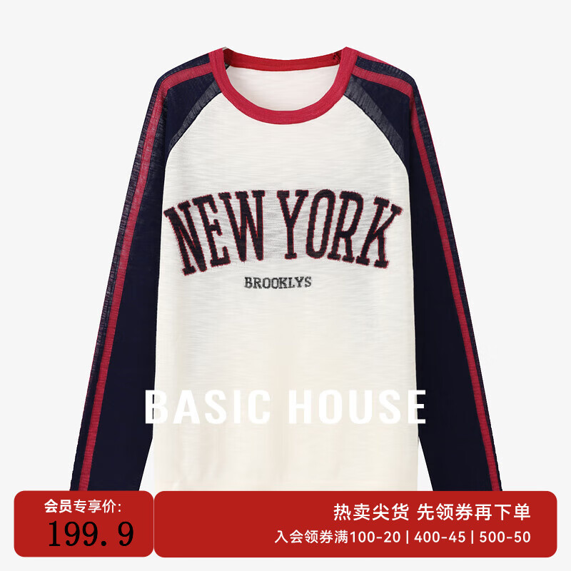 Basic House/百家好美式复古字母撞色针织衫女早秋插肩袖圆领上衣 蓝白袖 S （85-110斤）