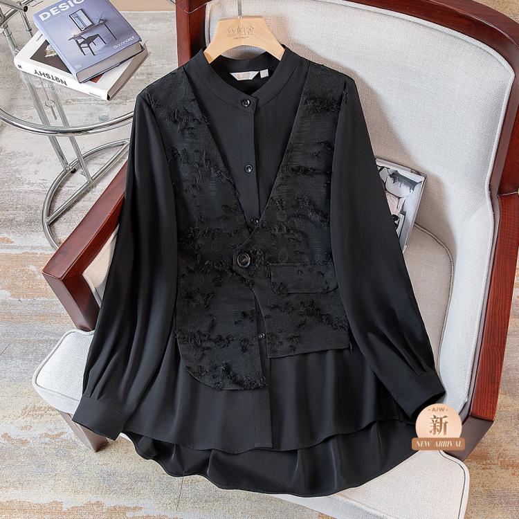 【新中式假两件衬衫】2024秋装新女士长袖显瘦气质中长款衬衣