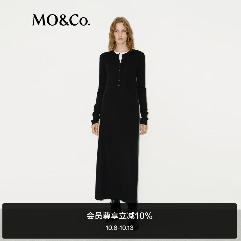 MO&Co.连衣裙2024冬可机洗绵羊毛亨利领针织长裙MBD4DRS036 黑色 XS/155