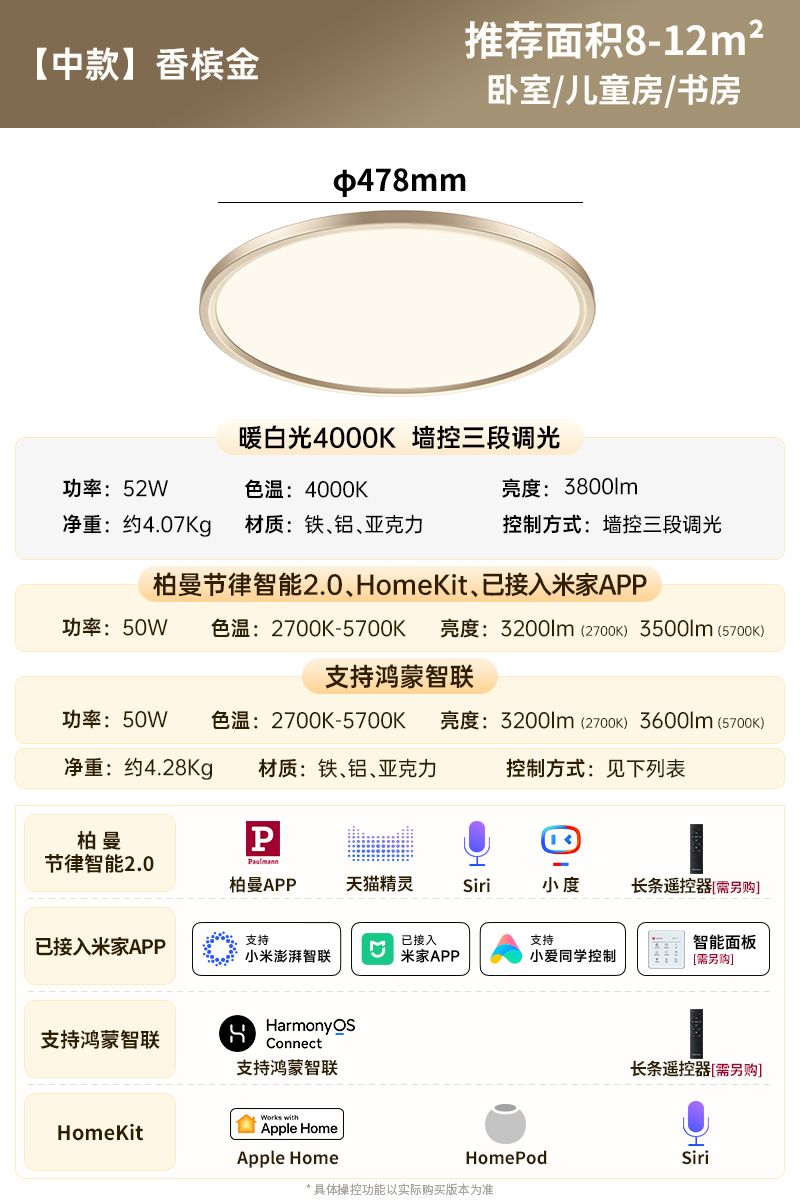 德国柏曼日光3.0全光谱护眼主卧室吸顶灯 书房儿童房智能超薄灯具 【中款】8-12m² 香槟金