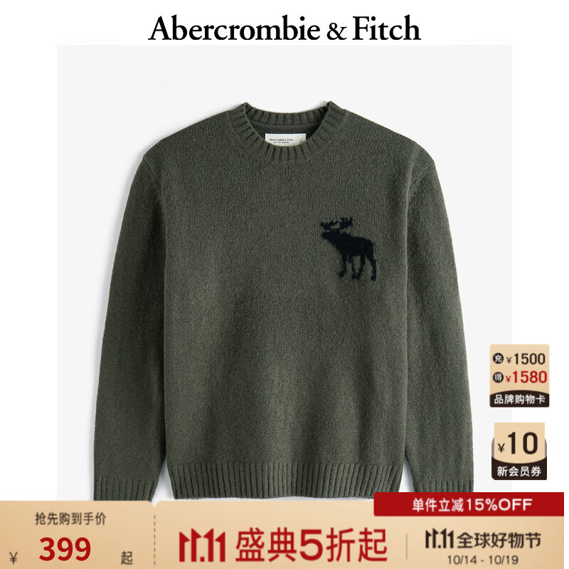 ABERCROMBIE & FITCH男装 24秋冬经典大麋鹿套头嵌花毛衣针织衫KI120-4163 绿色 S (175/92A)