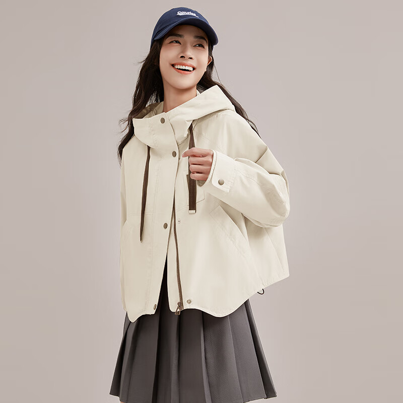 鸭鸭(YAYA)外套女2024秋冬女装韩版百搭休闲工装连帽宽松短外套女上衣 米白色 M