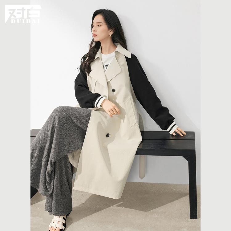2024春装通勤简约撞色拼接袖双排扣女式翻领长款风衣外套