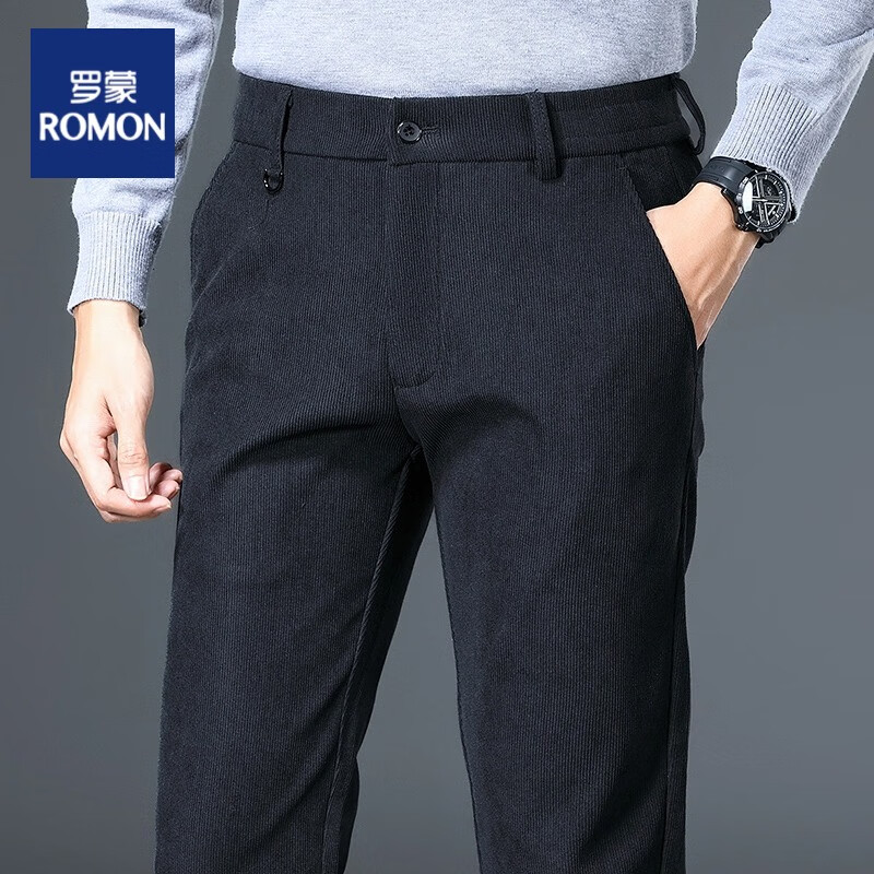 罗蒙(ROMON)灯芯绒休闲裤男士商务休闲保暖直筒裤中青年免烫休闲裤 黑色 40