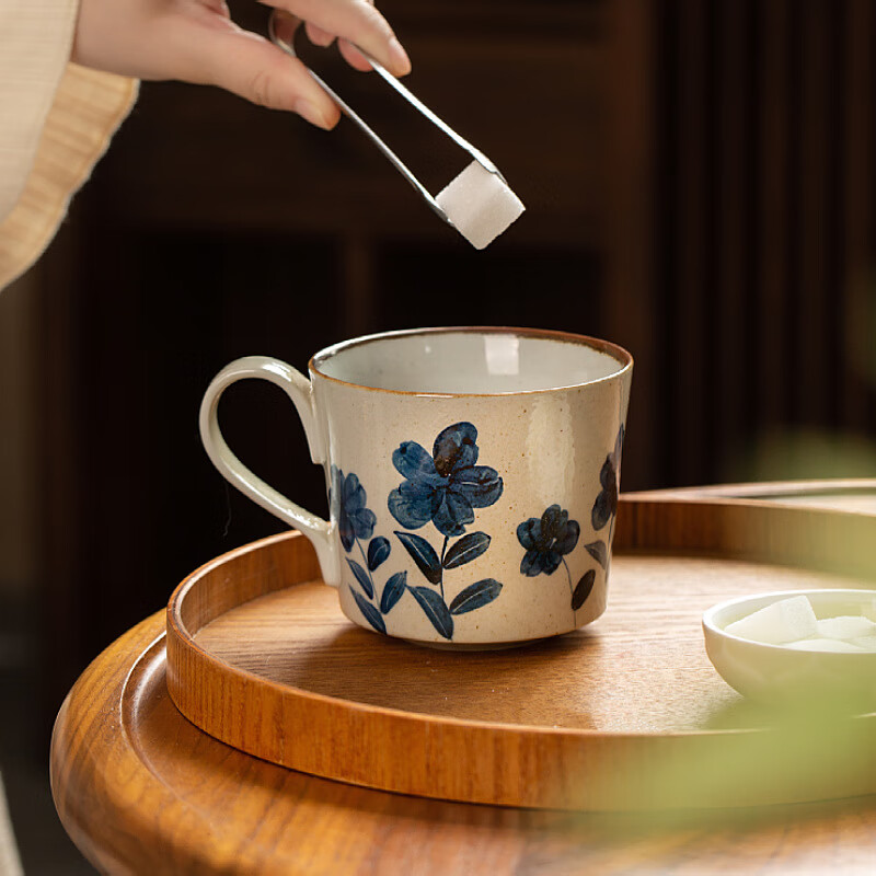 朗特乐景德镇青花咖啡杯原创手绘日式陶瓷马克杯中古风茶杯大容量水杯 青花单杯简装 不含碟