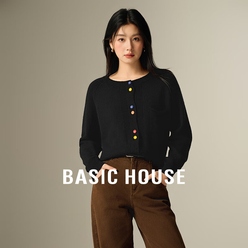 Basic House/百家好绵羊毛插肩袖针织衫韩系温柔圆领彩色纽扣开衫 黑色 S （85-105斤）