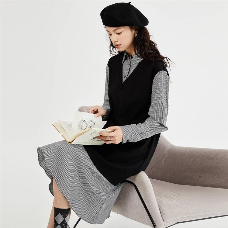 假两件长袖格子裙秋季裙子针梭织拼接格子衬衫连衣裙女士