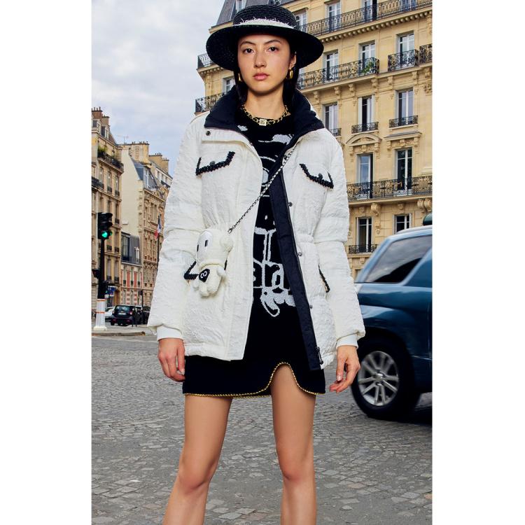 秋冬撞色工装外套压花泡泡中长款羽绒服女