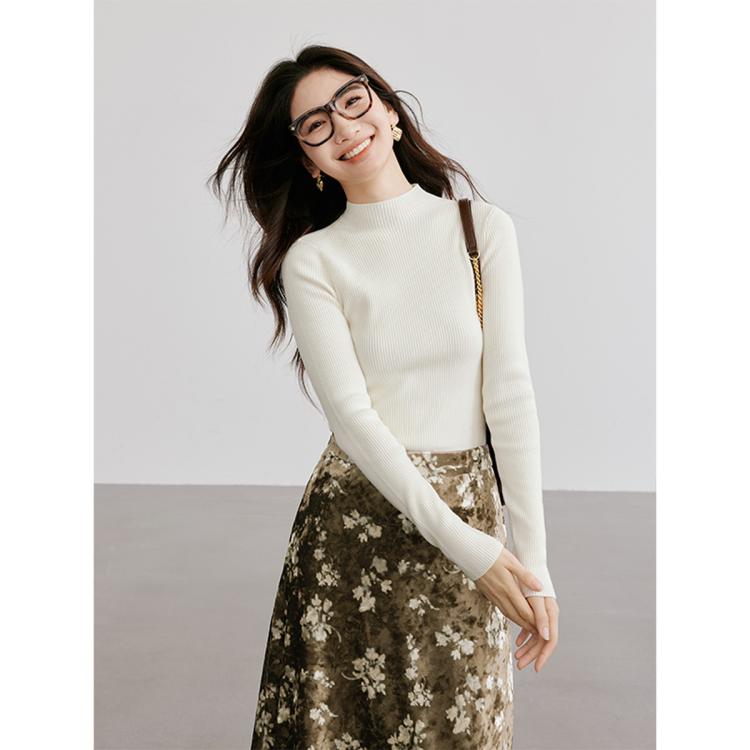 2024秋季女装格雷系日常肌理感正肩半高领套头针织衫