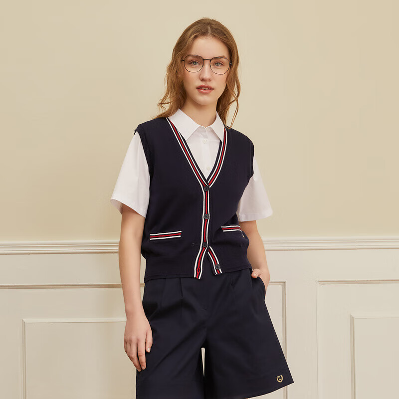 ELAND衣恋青春时尚撞色V领学院风针织马甲女无袖马甲春夏