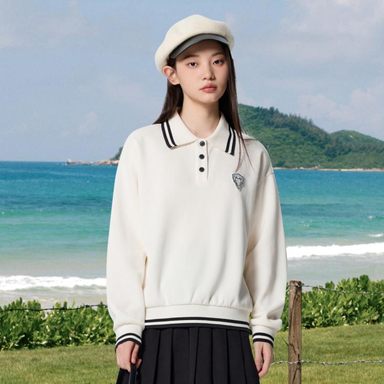 森马 Semir冬季polo领学院风宽松打底衫绣花撞色抓绒上衣温柔针织卫衣女