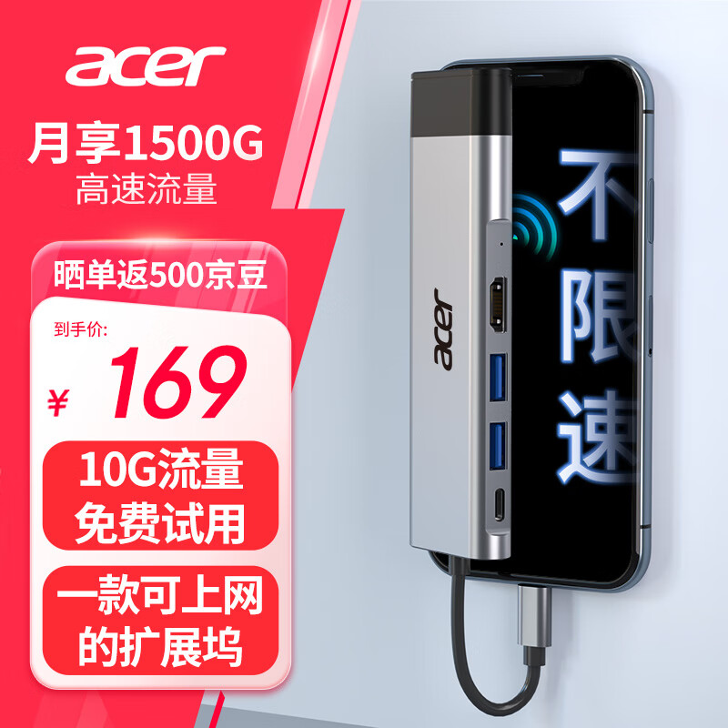 宏碁（acer）Type-C扩展坞带SIM卡随时4G上网HDMI4k60hz投屏转换HUB3.0分线器适用笔记本电脑苹果华为拓展