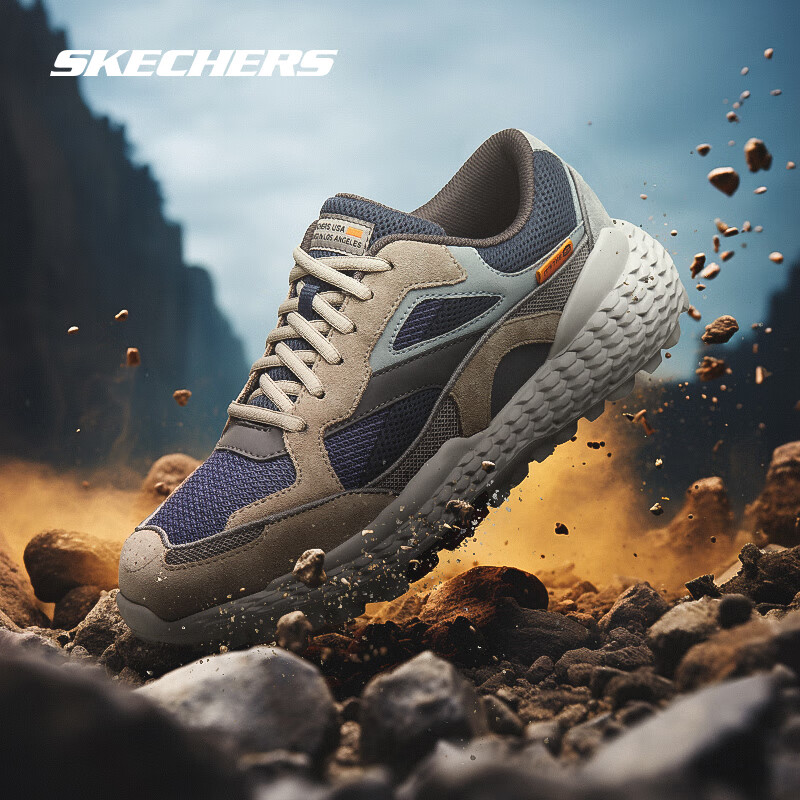 斯凯奇（Skechers）男鞋轻便机能怪兽鞋系列潮流老爹鞋舒适百搭日常运动休闲鞋 褐色/海军蓝色 42