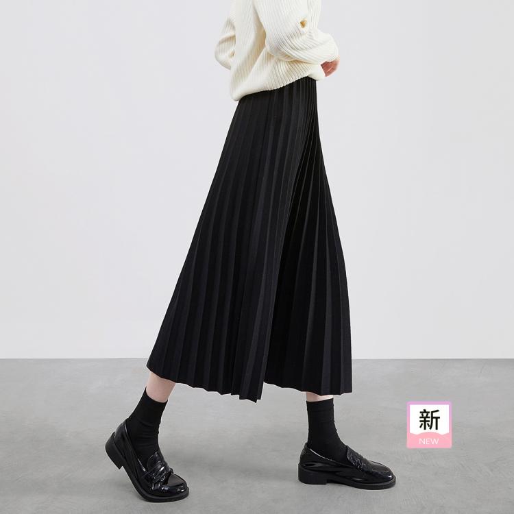 【松紧腰纯色风琴百褶裙】2024秋冬新女士中长款a字半身裙
