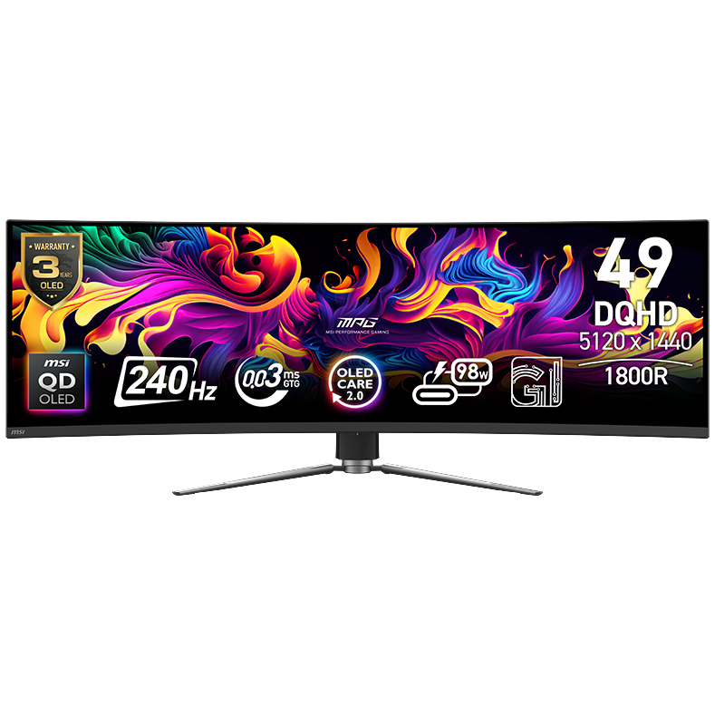 MSI 微星 MPG 491CQPX 49英寸 OLED 1800R FreeSync 显示器（5120×1440、240Hz、99% DCI-P3、HDR400 True Black、Type-C 98W）