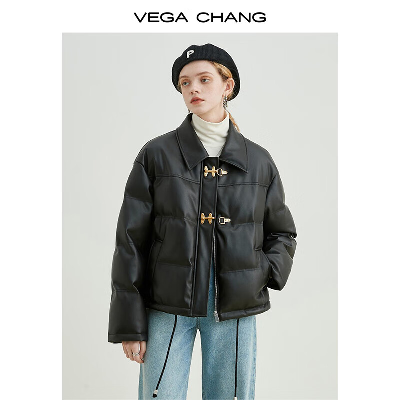 VEGA CHANG哑光PU皮羽绒服女2024年秋冬小个子白鸭绒短款外套 黑色 S