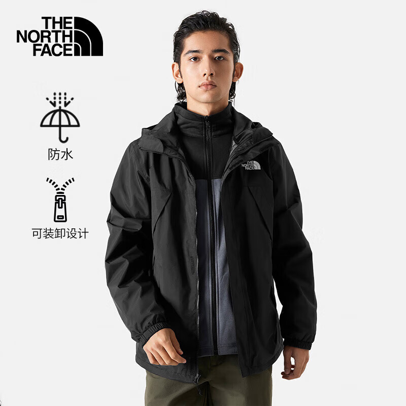 The North Face北面三合一冲锋衣男24新款户外运动防风防水保暖软壳内胆夹克外套 8UR/黑色 L/175