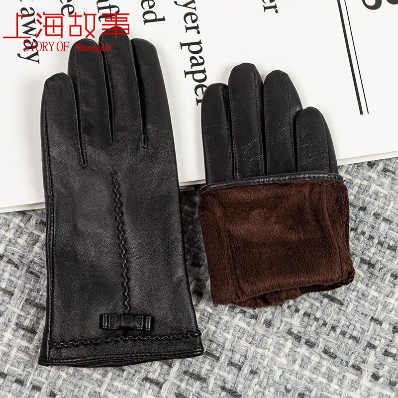 上海故事真皮手套女士冬天保暖加绒加厚秋冬季骑行开车触屏绵羊皮手套 曲线蝴蝶结 黑色
