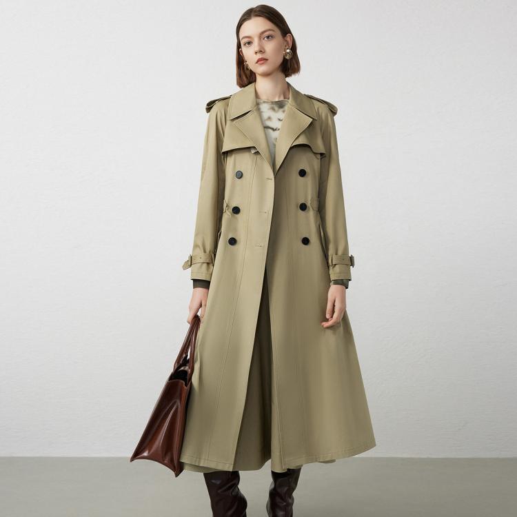 春秋款朗姿纯棉法式高级感经典双排扣长款风衣外套通勤上衣2024