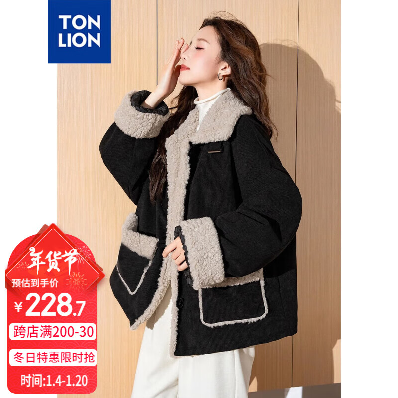 唐狮（TonLion）2024女翻立领灯芯绒拼接短款外套