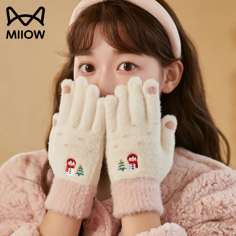 猫人手套女冬季加绒加厚保暖骑车女士手套骑行圣诞节可触屏女生手套 粉白色
