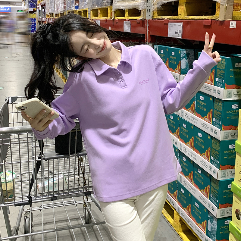 唐狮polo衫女士多巴胺长袖打底上衣宽松内搭潮流卫衣