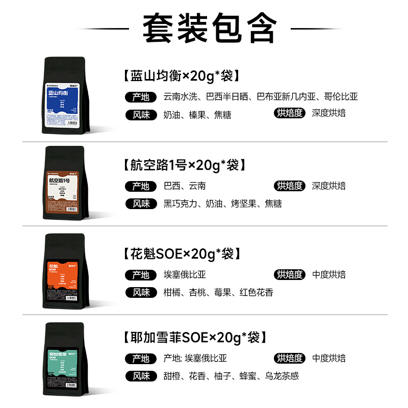 野鸽子瑰夏soe意式美式精品拼配咖啡豆尝鲜装阿拉比卡现烘20g*4袋