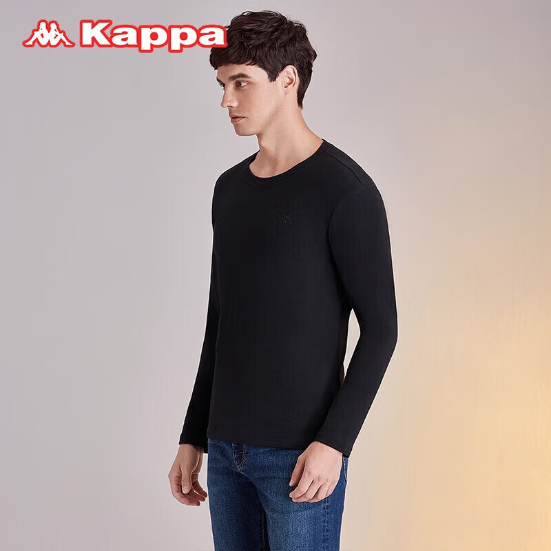 KAPPA卡帕保暖内衣男秋冬舒适亲肤圆领打底衫简约修身内搭上衣男士上衣 黑色 3XL码 (180-200斤)