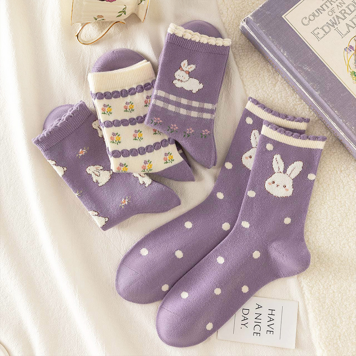 卡拉美拉 Caramella【含绵羊毛】4双装舒适保暖冬日羊毛袜加厚中筒袜女袜子秋冬款